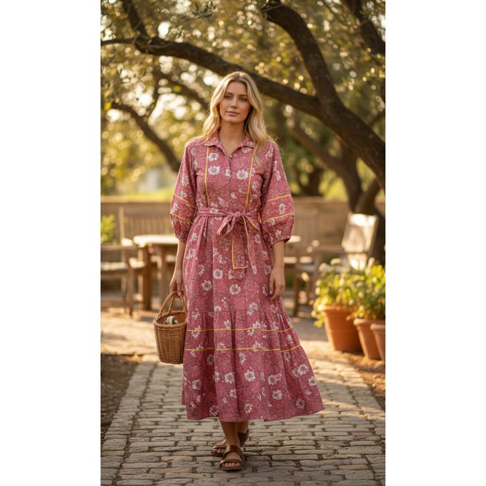 Sue Sartor Paloma Flounce Dress Midi Dress‎ Pink Floral Size Small